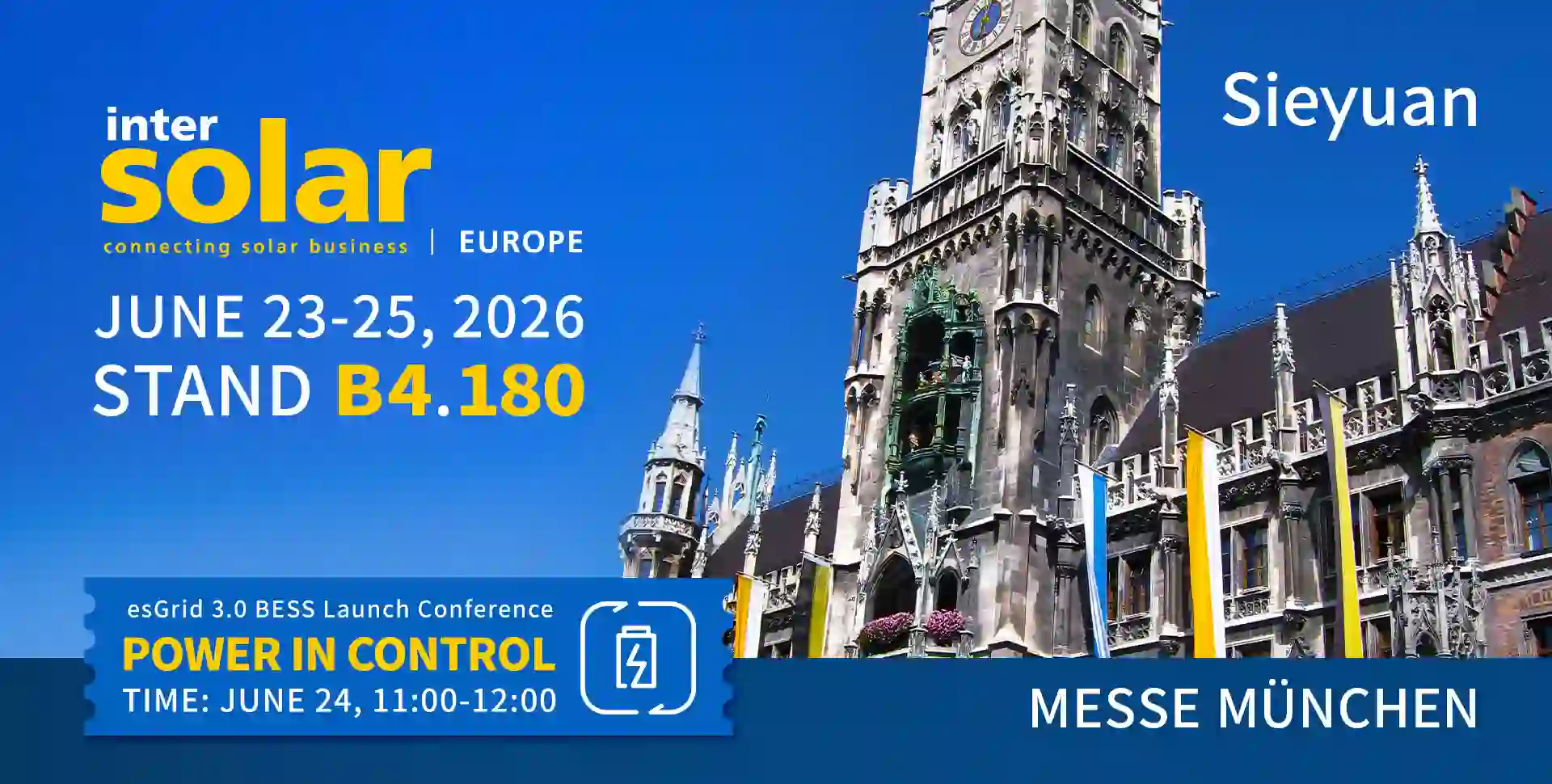 Приглашение на Intersolar Europe 2026: Sieyuan на стенде B4.180, Messe München, 23–25 июня