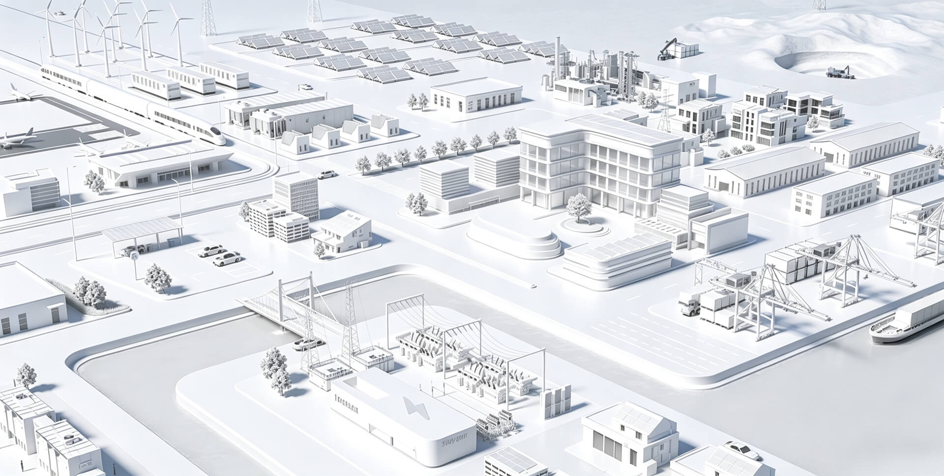 Стилизованная 3D-модель города с электростанциями, подстанциями, заводами и объектами ВИЭ